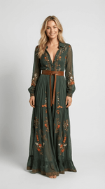 Women's Long Sleeve V Neck Boho Maxi Dress
