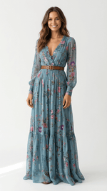 Women's Long Sleeve V Neck Boho Maxi Dress