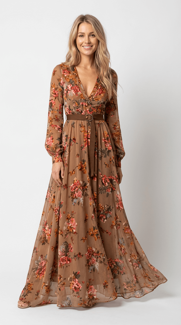 Women's Long Sleeve V Neck Boho Maxi Dress