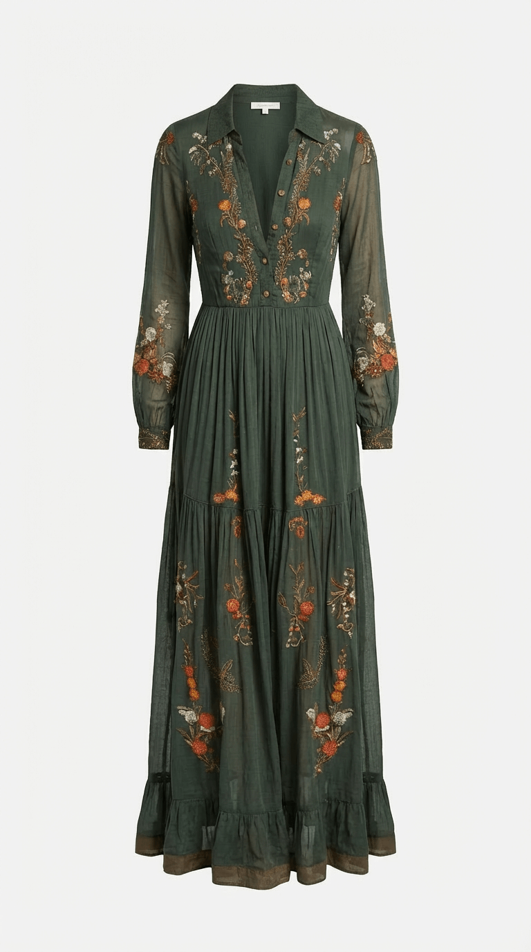 Women's Long Sleeve V Neck Boho Maxi Dress