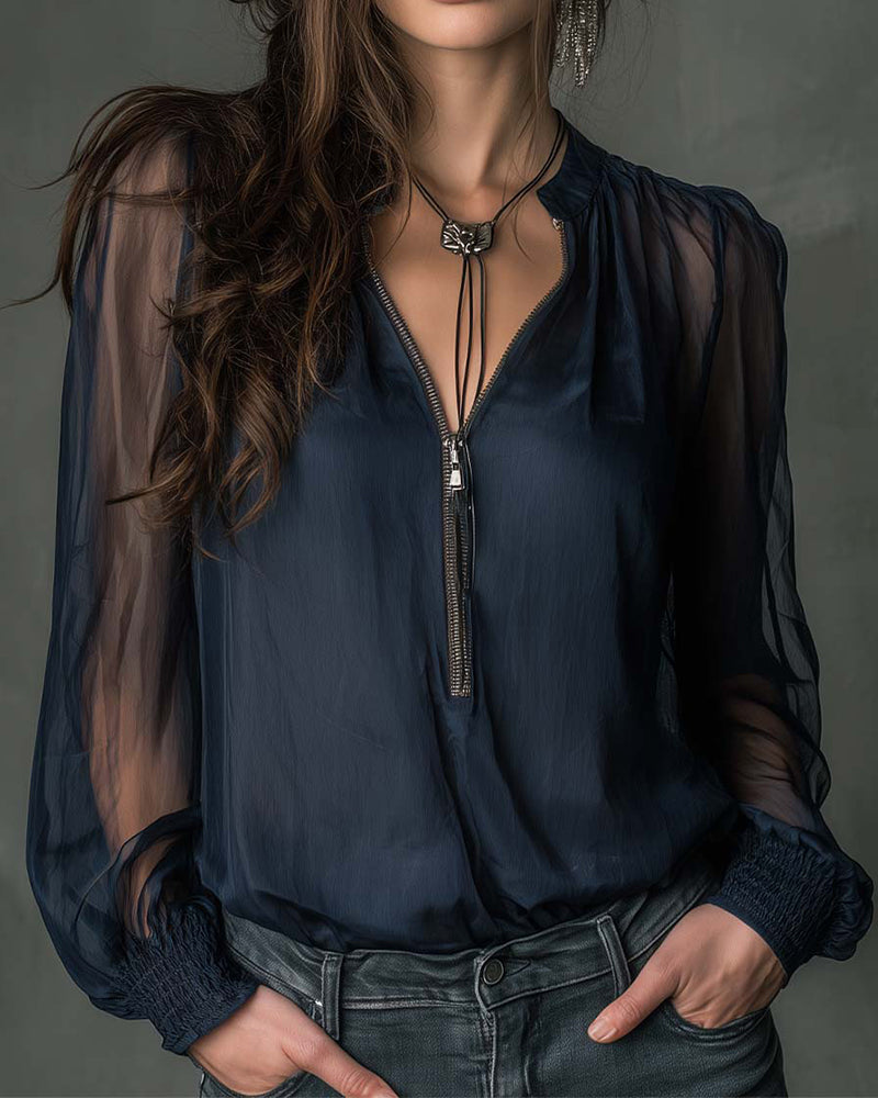 Women’s Long Sleeve Zip Front V-Neck Blouse