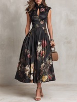 Women's Mandarin-Collar Keyhole-Cut Floral Midi Dress