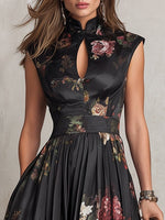 Women's Mandarin-Collar Keyhole-Cut Floral Midi Dress