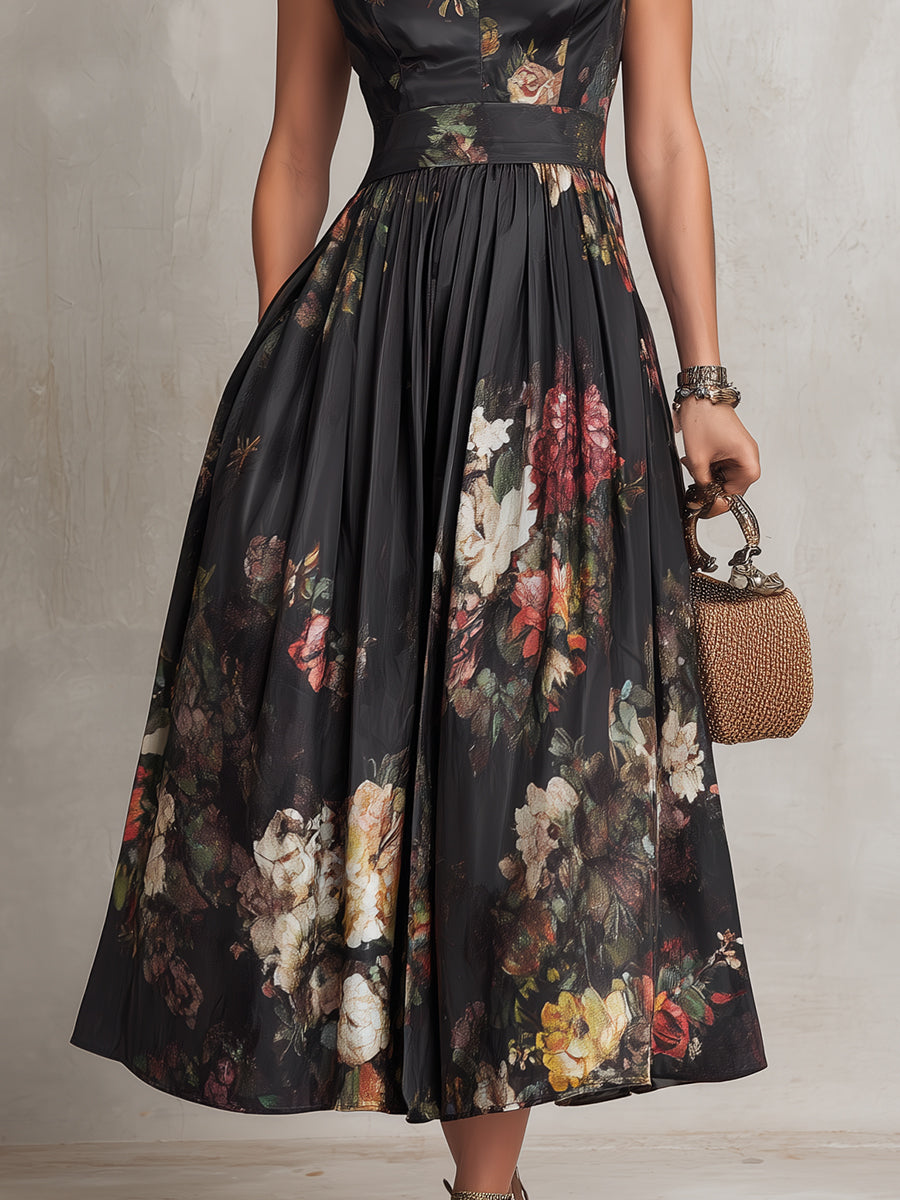 Women's Mandarin-Collar Keyhole-Cut Floral Midi Dress