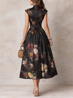 Women's Mandarin-Collar Keyhole-Cut Floral Midi Dress