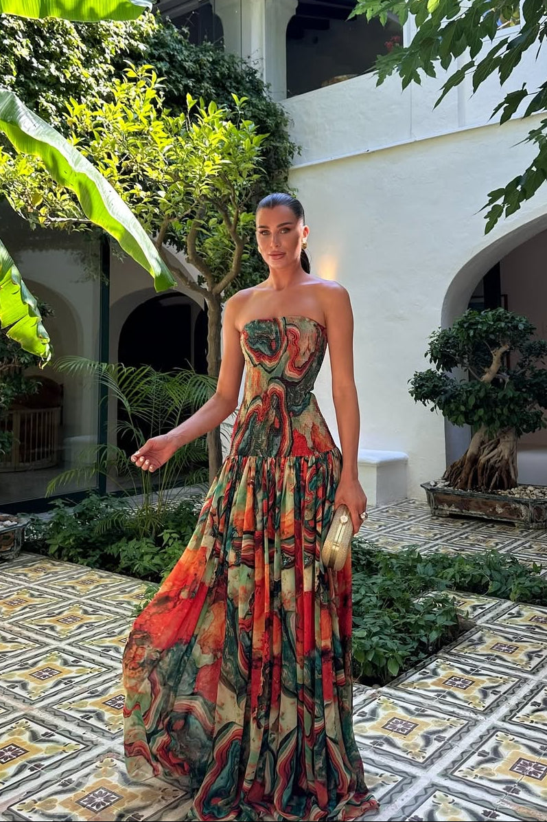 Women's Maxi Marble Print Strapless Gathered Wedding Guest Dress