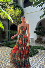 Women's Maxi Marble Print Strapless Gathered Wedding Guest Dress