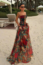 Women's Maxi Marble Print Strapless Gathered Wedding Guest Dress