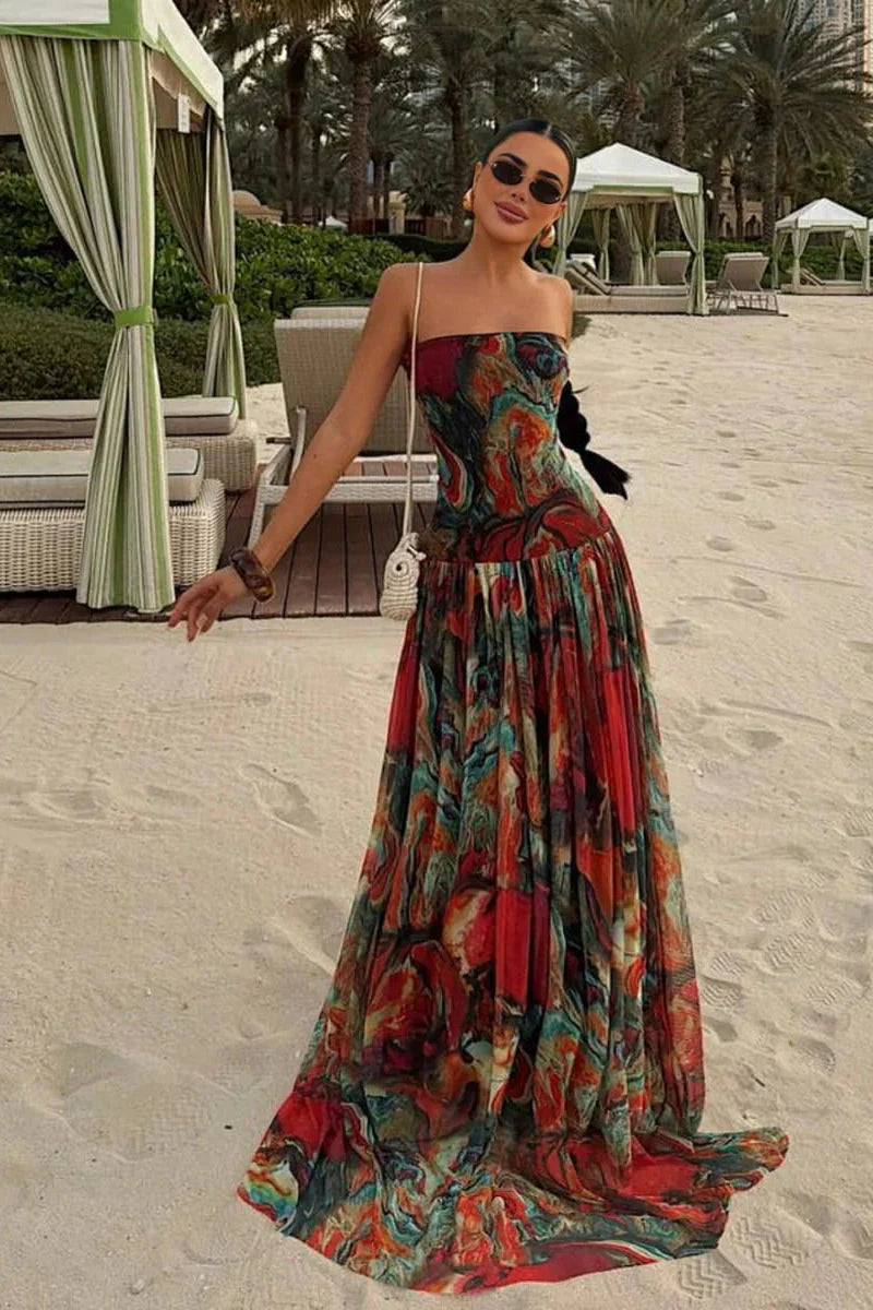Women's Maxi Marble Print Strapless Gathered Wedding Guest Dress