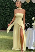 Women's Maxi Strapless Scarf Neck Asymmetric Side Slit Wedding Guest Dress