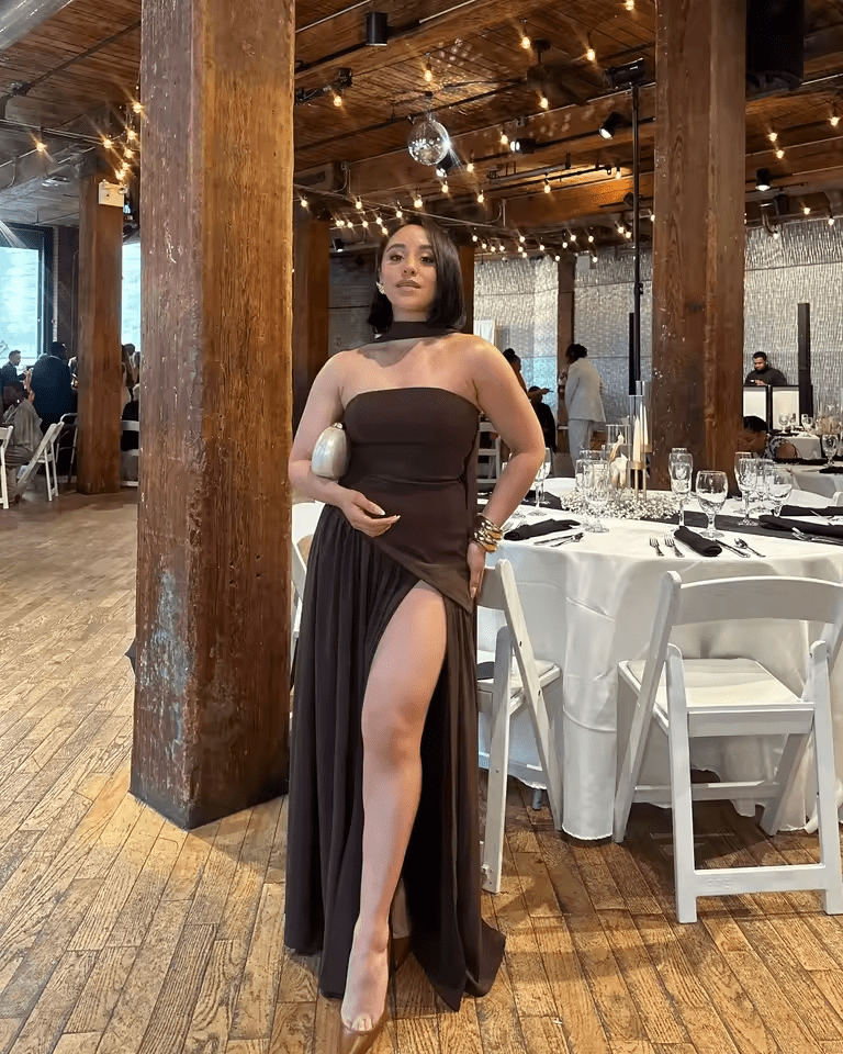 Women's Maxi Strapless Scarf Neck Asymmetric Side Slit Wedding Guest Dress, Brown / S Women's Maxi Strapless Scarf Neck Asymmetric Side Slit Wedding Guest Dress, Brown / S