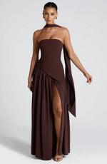 Women's Maxi Strapless Scarf Neck Asymmetric Side Slit Wedding Guest Dress