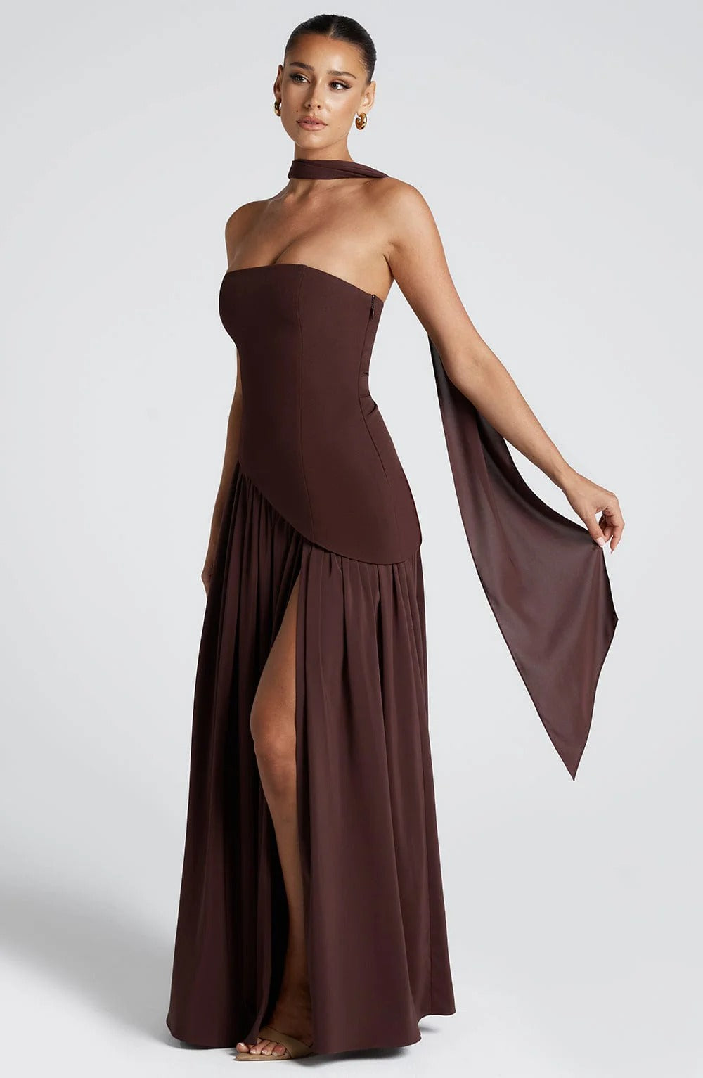 Women's Maxi Strapless Scarf Neck Asymmetric Side Slit Wedding Guest Dress