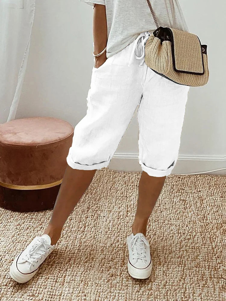 Women's Mid-Length Drawstring Shorts With Rolled Cuffs