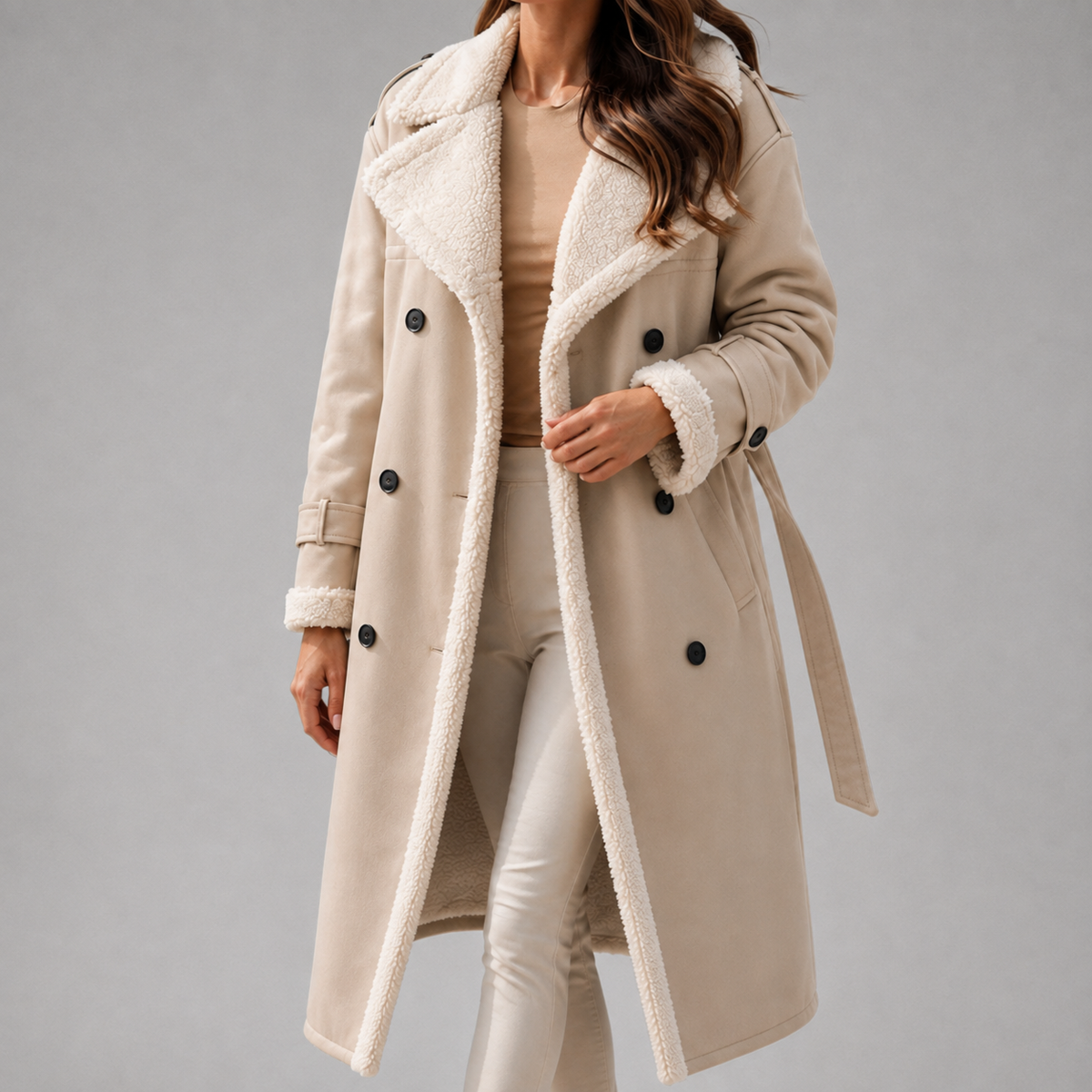 Women's Notch-Lapel Faux-Suede Sherpa-Lined Trench Coat