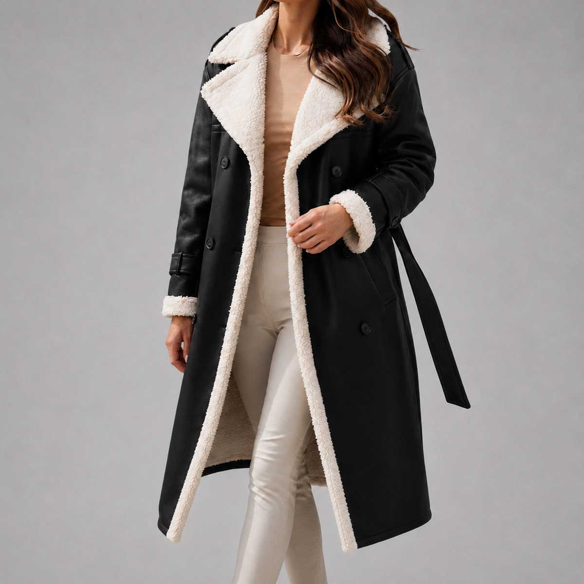 Women's Notch-Lapel Faux-Suede Sherpa-Lined Trench Coat