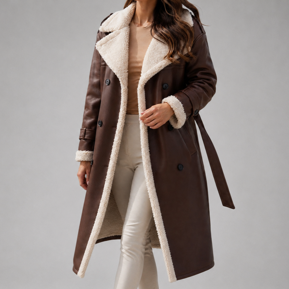 Women's Notch-Lapel Faux-Suede Sherpa-Lined Trench Coat