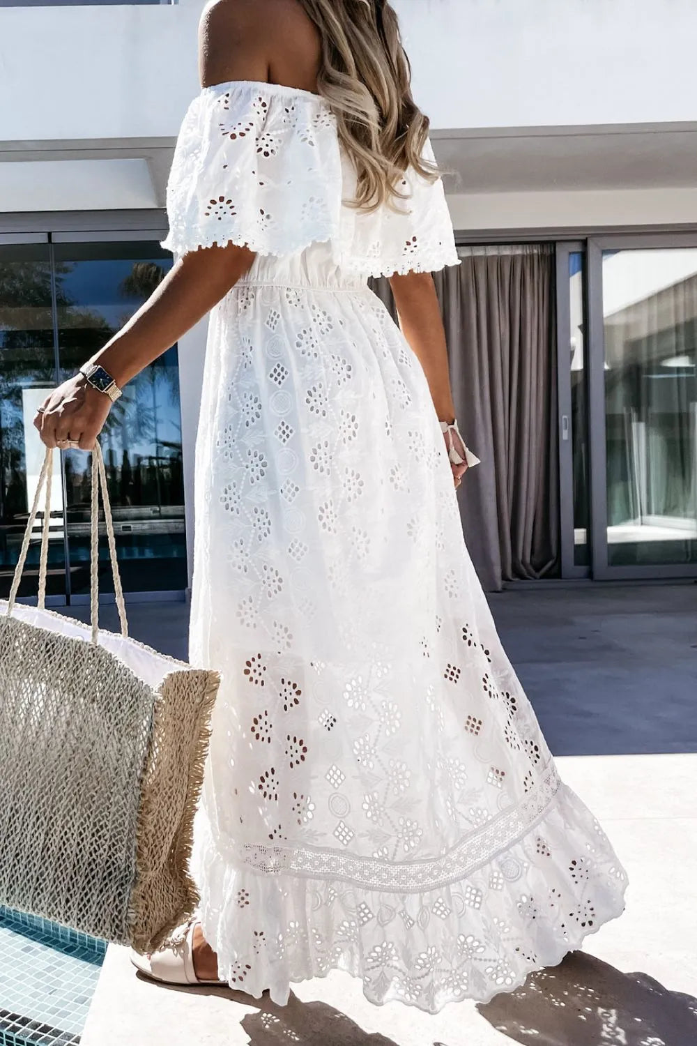 Women’s Off Shoulder Eyelet Tiered Maxi Summer Dress