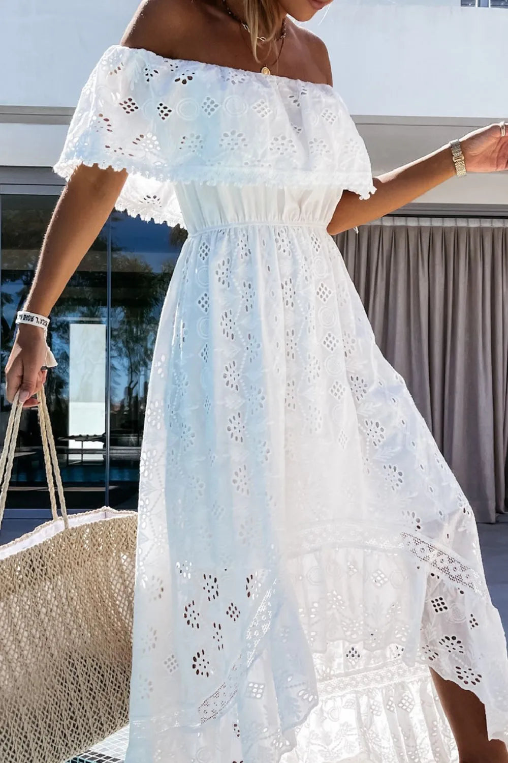 Women’s Off Shoulder Eyelet Tiered Maxi Summer Dress