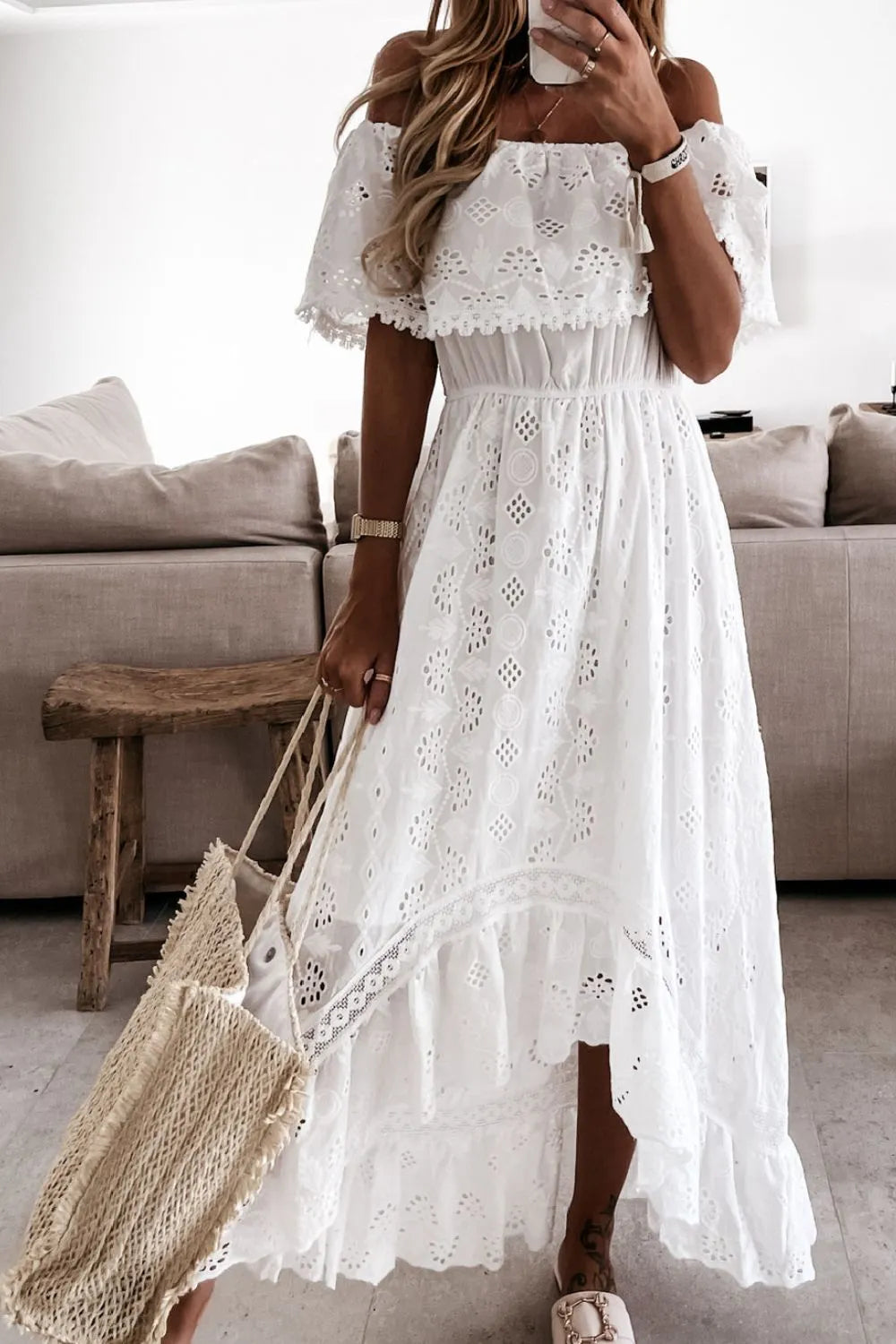 Women’s Off Shoulder Eyelet Tiered Maxi Summer Dress