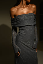 Women's Off Shoulder Long Sleeve Glitter Evening Maxi Dress