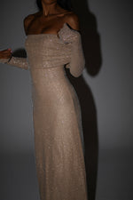 Women's Off Shoulder Long Sleeve Glitter Evening Maxi Dress