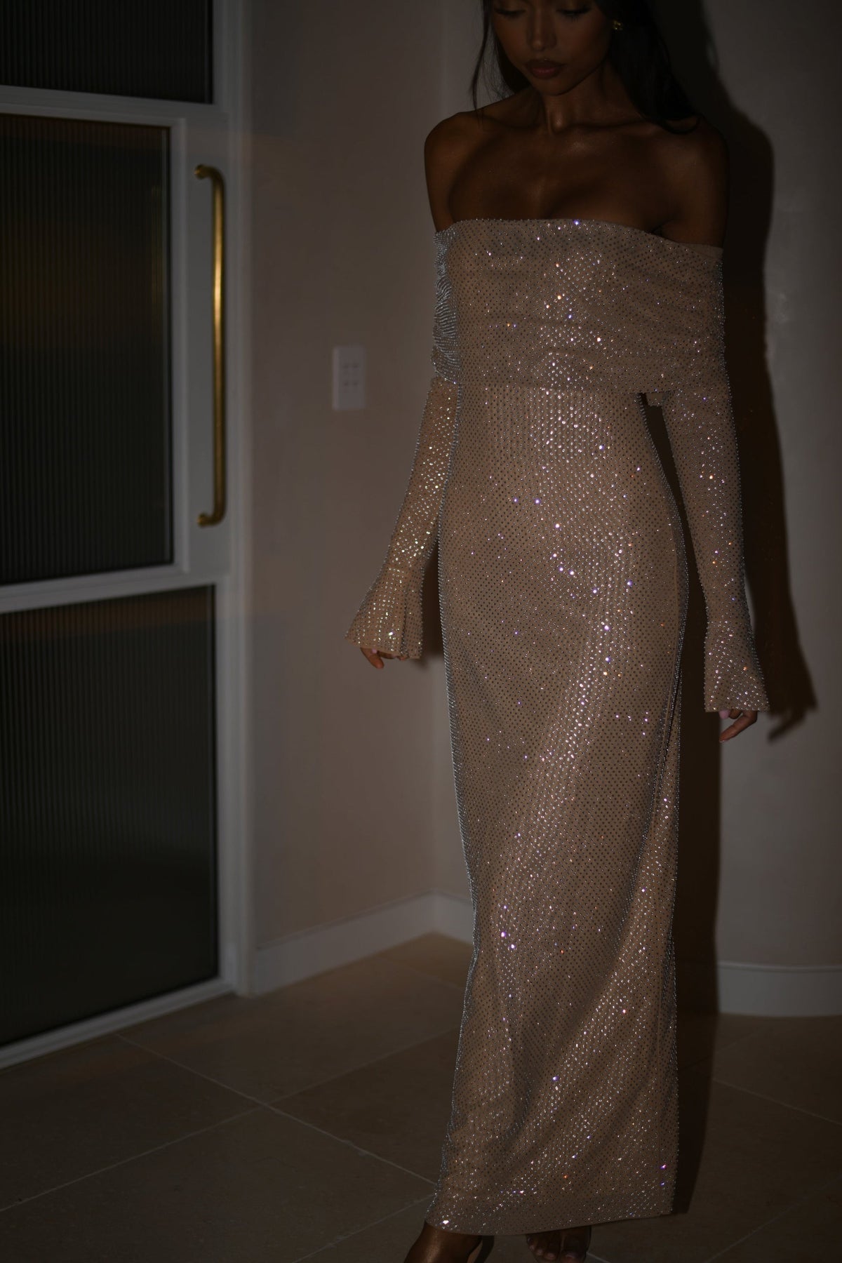 Women's Off Shoulder Long Sleeve Glitter Evening Maxi Dress
