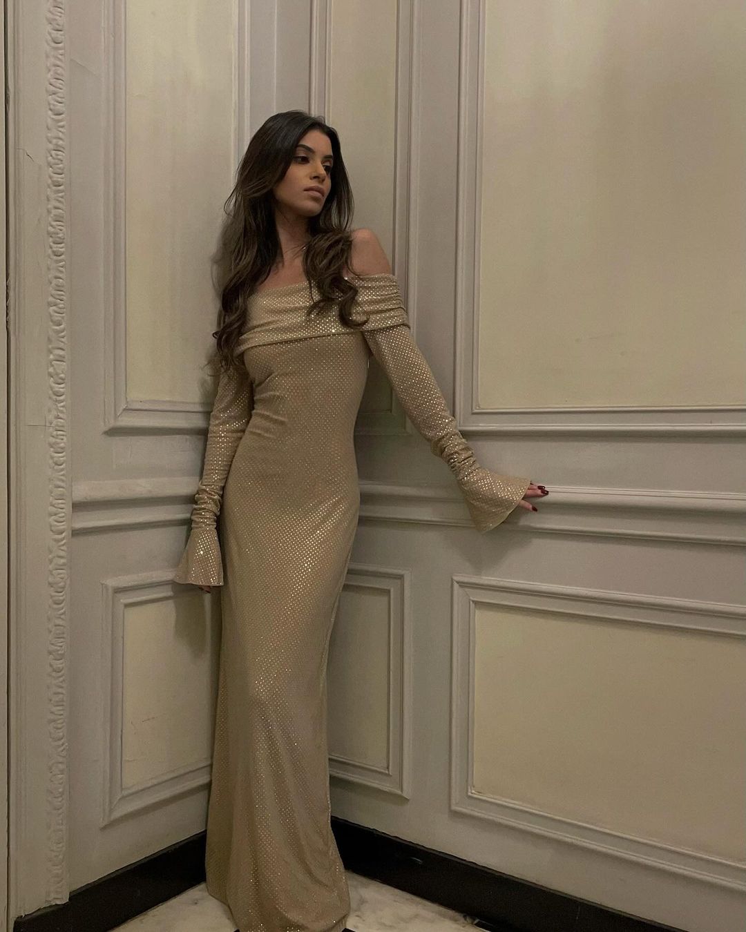 Women's Off Shoulder Long Sleeve Glitter Evening Maxi Dress