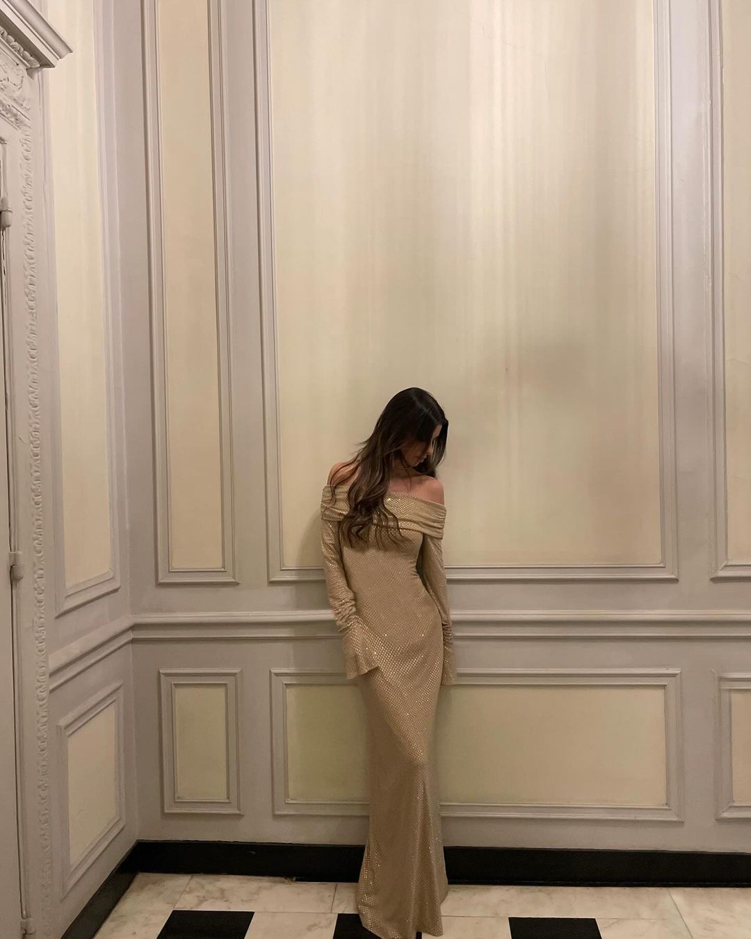 Women's Off Shoulder Long Sleeve Glitter Evening Maxi Dress