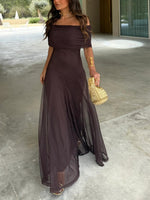 Women’s Off Shoulder Sheer Overlay Maxi Wedding Guest Dress