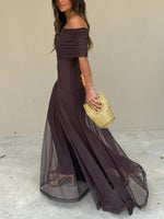 Women’s Off Shoulder Sheer Overlay Maxi Wedding Guest Dress
