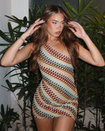 Women's One-Shoulder Multicolor Wave Pattern Mini Dress