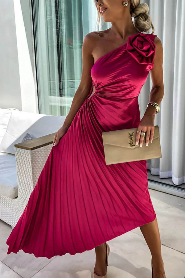 Women’s One Shoulder Pleated Midi Wedding Guest Dress