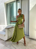 Women’s One Shoulder Pleated Midi Wedding Guest Dress