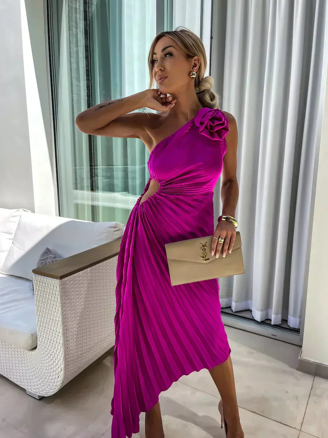 Women’s One Shoulder Pleated Midi Wedding Guest Dress