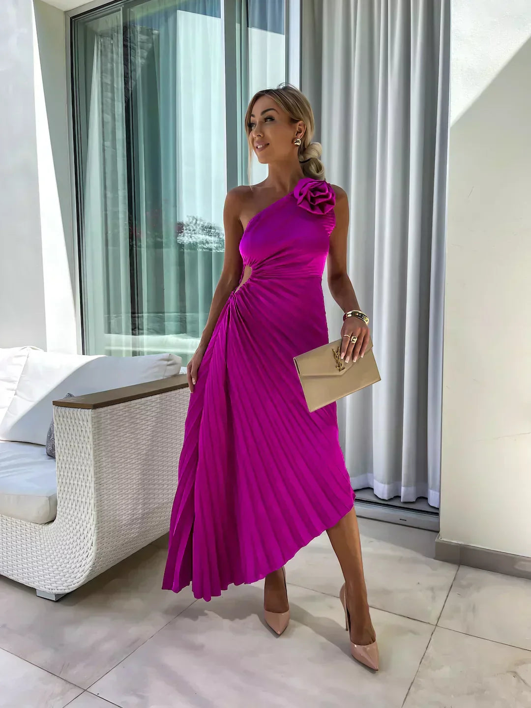 Women’s One Shoulder Pleated Midi Wedding Guest Dress