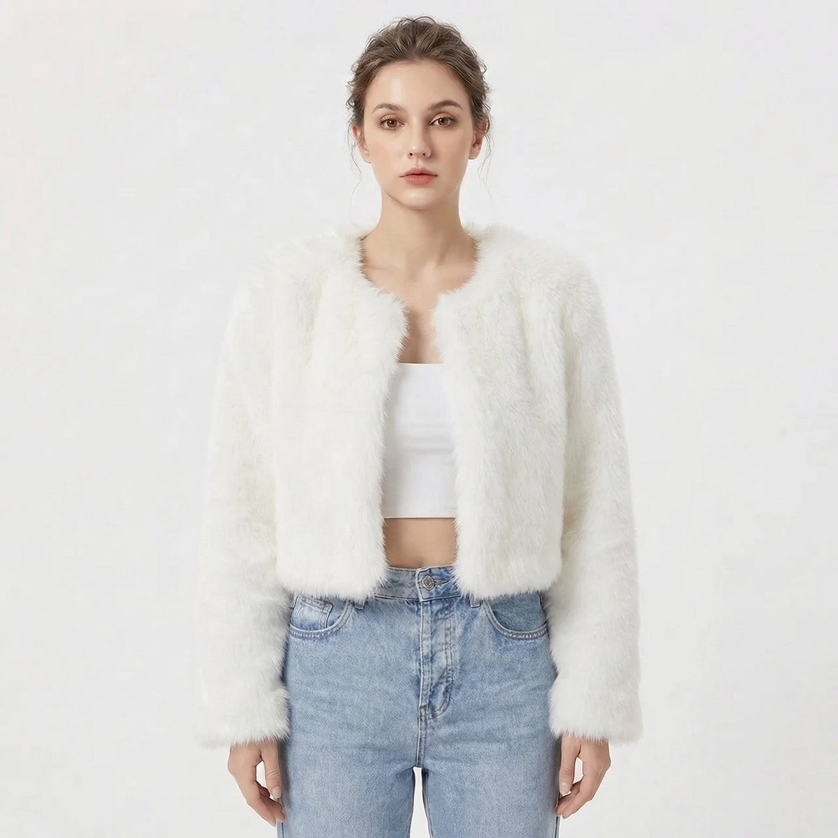 Women's Open Front Long Sleeve Crop Faux Fur Jacket