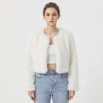 Women's Open Front Long Sleeve Crop Faux Fur Jacket
