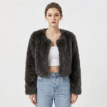 Women's Open Front Long Sleeve Crop Faux Fur Jacket