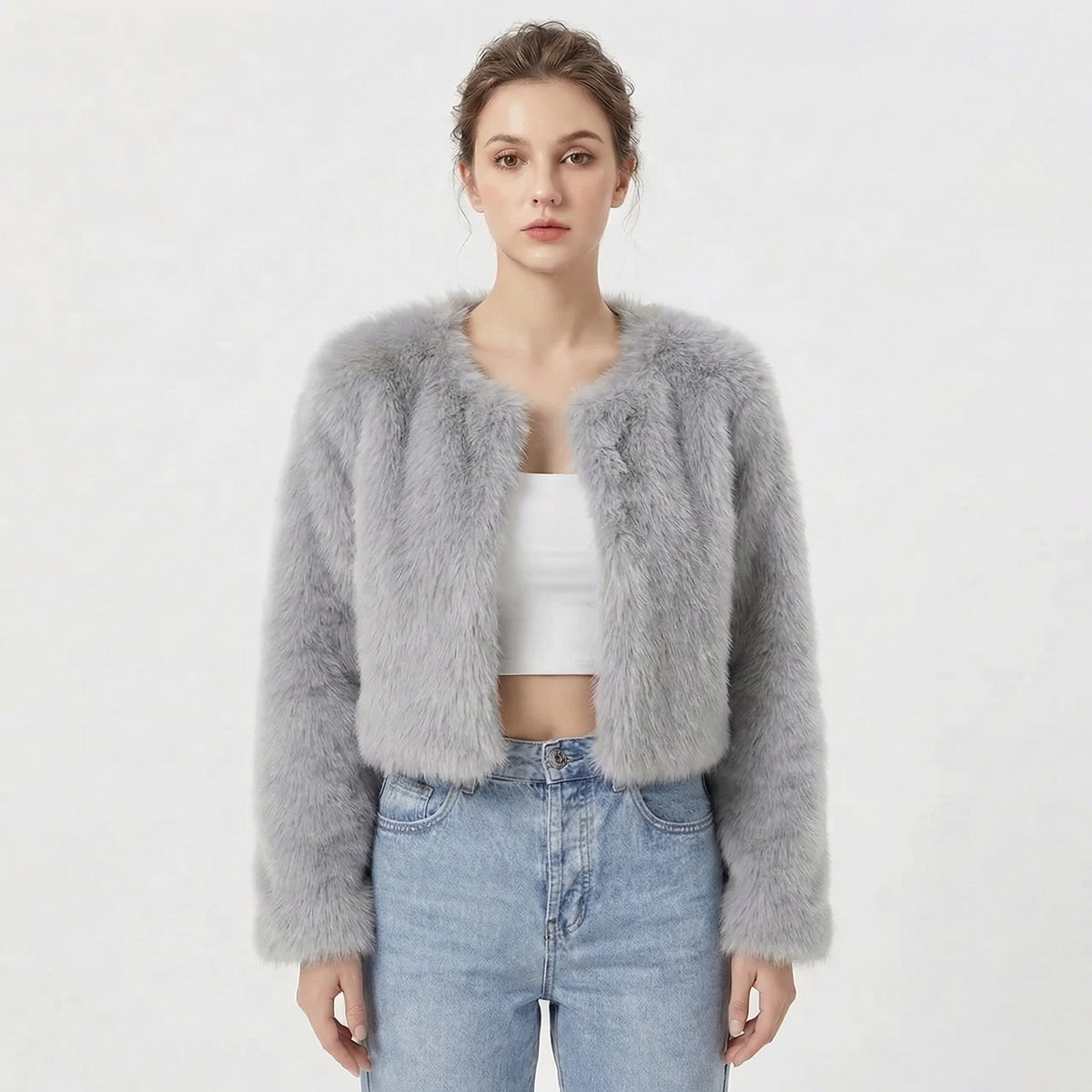 Women's Open Front Long Sleeve Crop Faux Fur Jacket