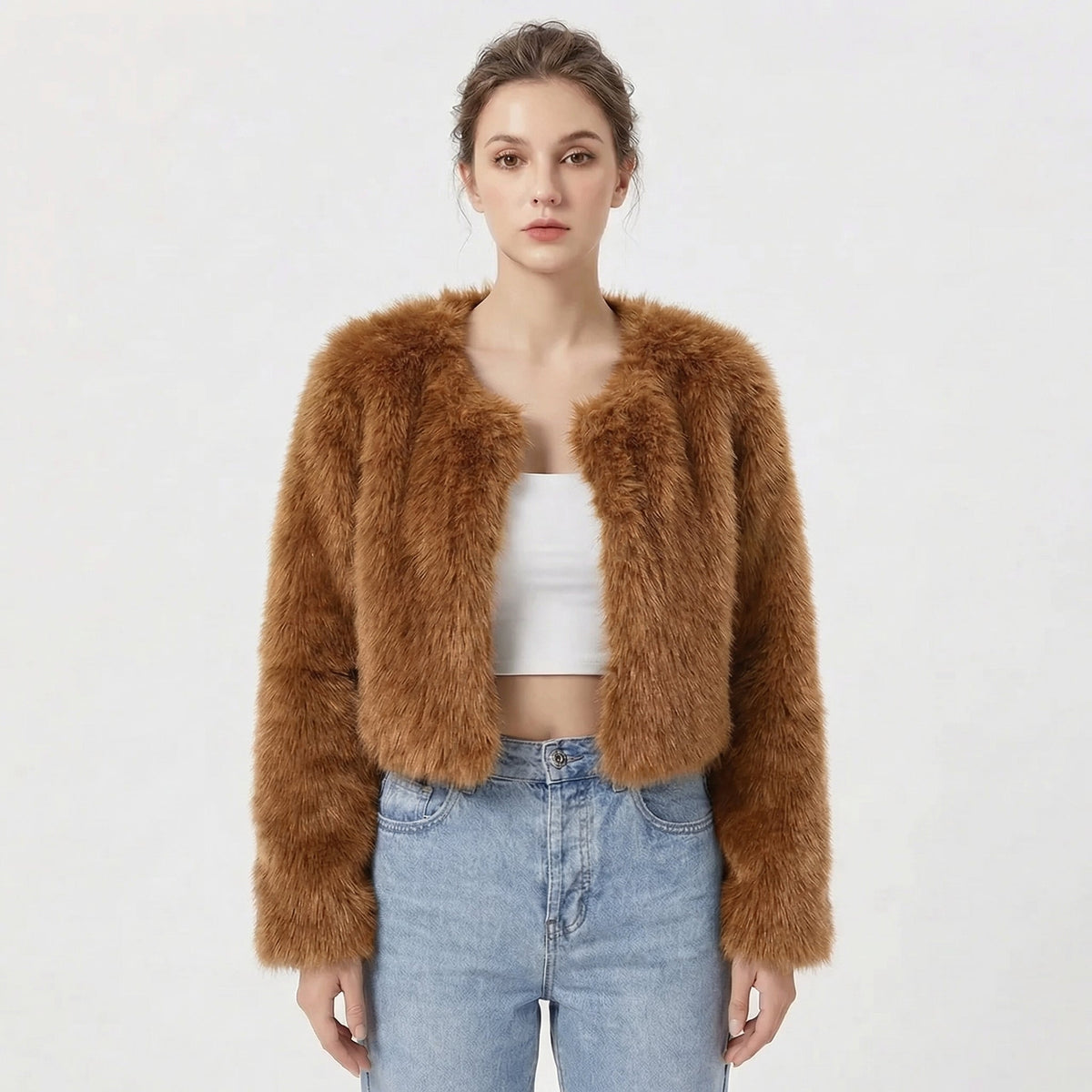 Women's Open Front Long Sleeve Crop Faux Fur Jacket