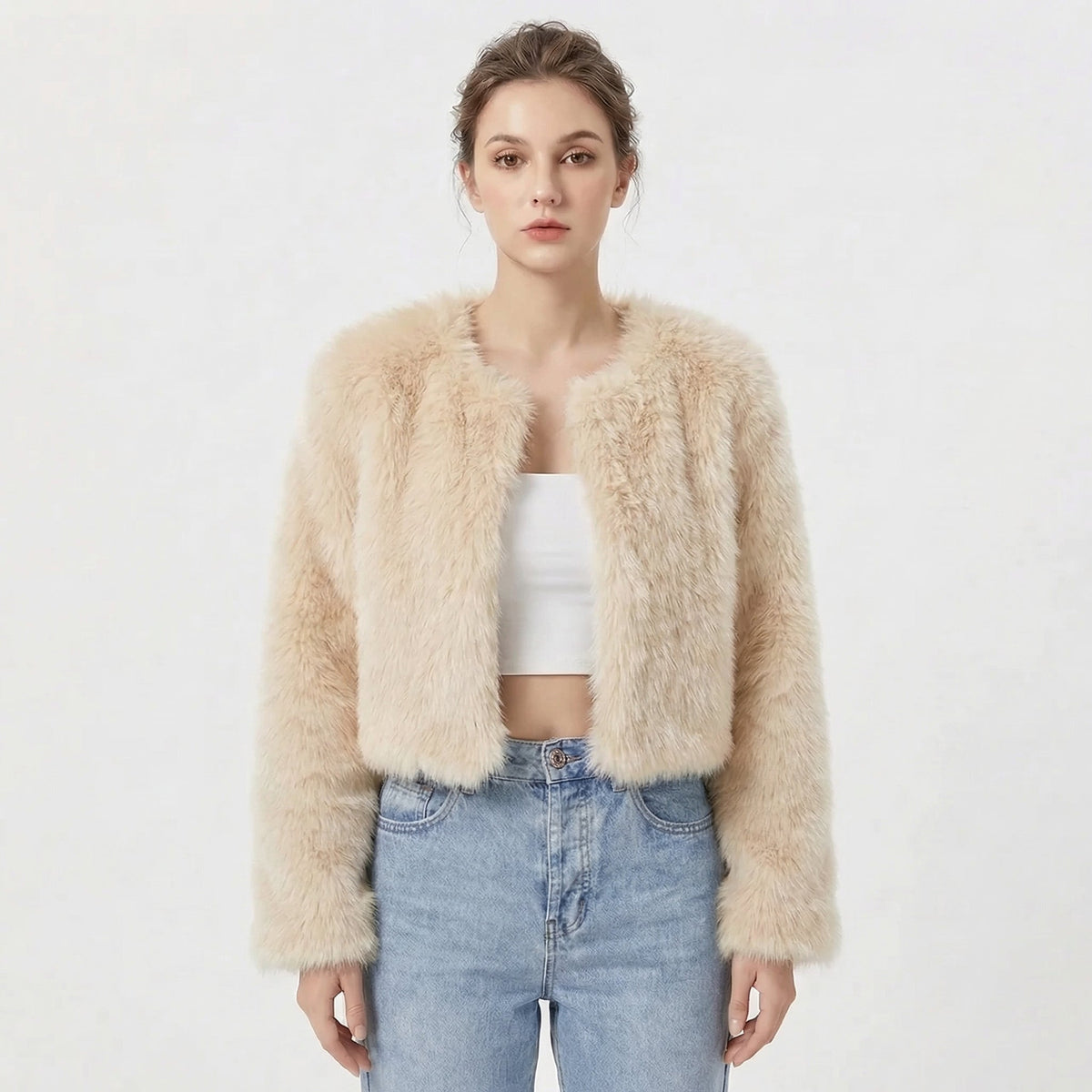 Women's Open Front Long Sleeve Crop Faux Fur Jacket