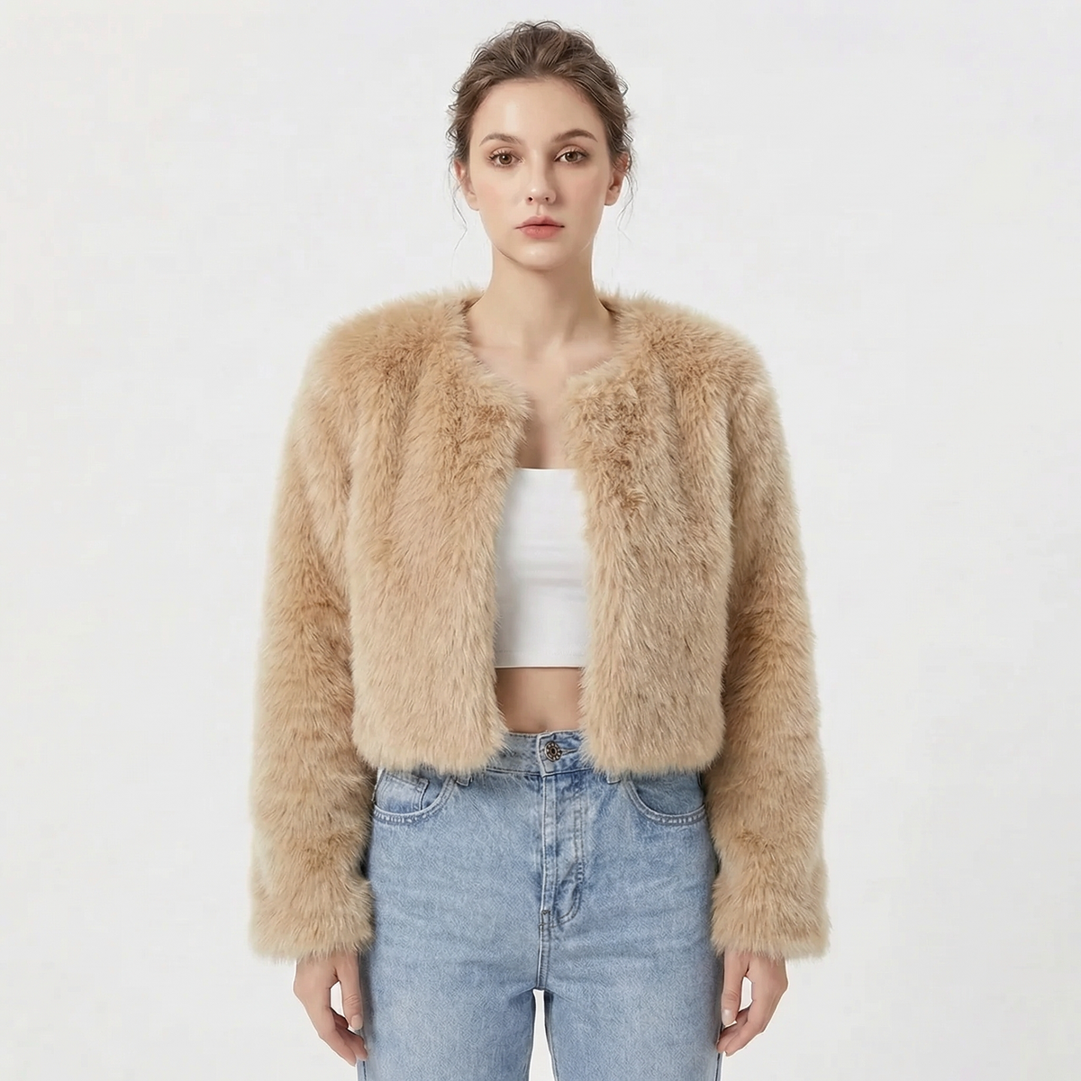 Women's Open Front Long Sleeve Crop Faux Fur Jacket