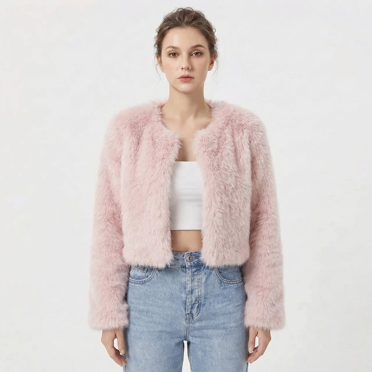 Women's Open Front Long Sleeve Crop Faux Fur Jacket