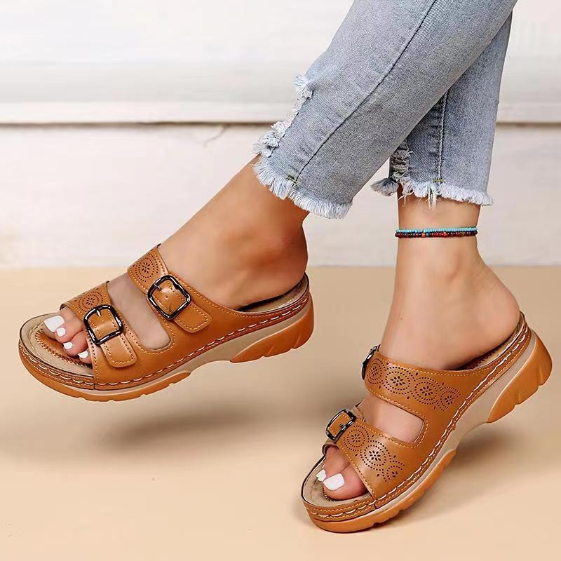 Women’s Open Toe Double Buckle Cutout Mule Sandals