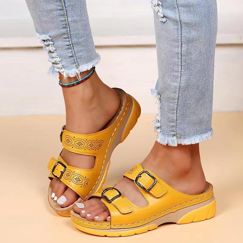 Women’s Open Toe Double Buckle Cutout Mule Sandals