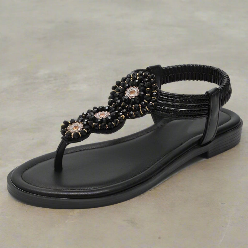 Women’s Open Toe Embellished T Strap Flat Sandals