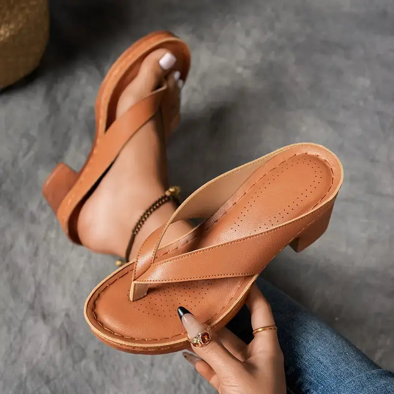 Women’s Open Toe Thong Strap Block Heel Slip On Heels
