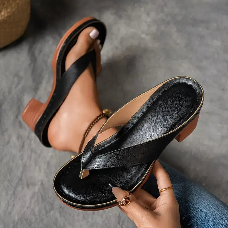 Women’s Open Toe Thong Strap Block Heel Slip On Heels