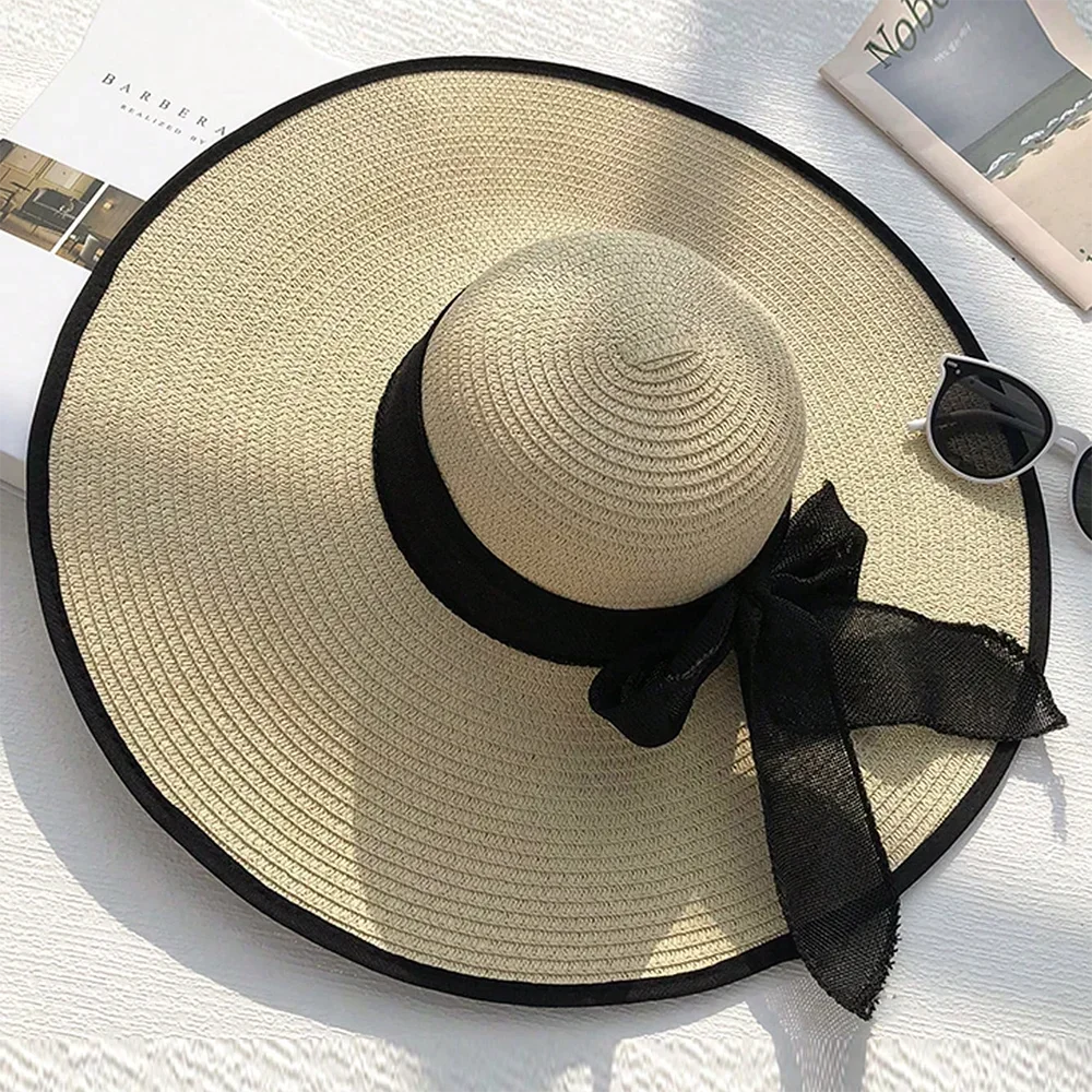 Women’s Oversized Wide Brim Straw Beach Hat with Bow